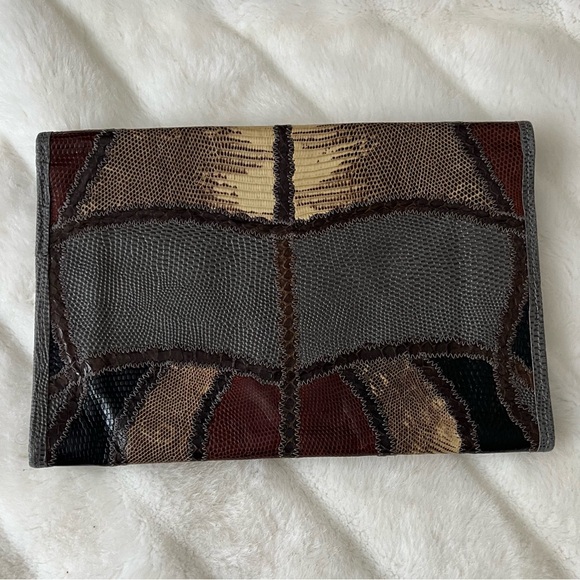 Carlos Falchi 1980s Grey/Brown/Black Exotic Skins Vintage Clutch